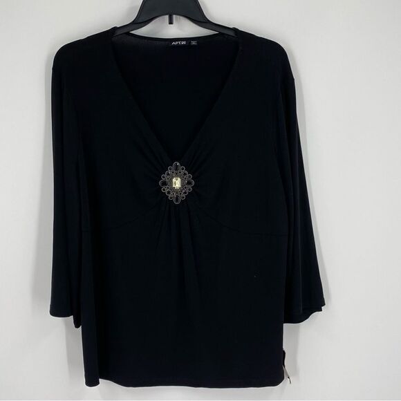 APT. 9 Women’s V Neck Long Sleeve Brooch Front Jersey Knit Blouse size 2X Black - Picture 1 of 3